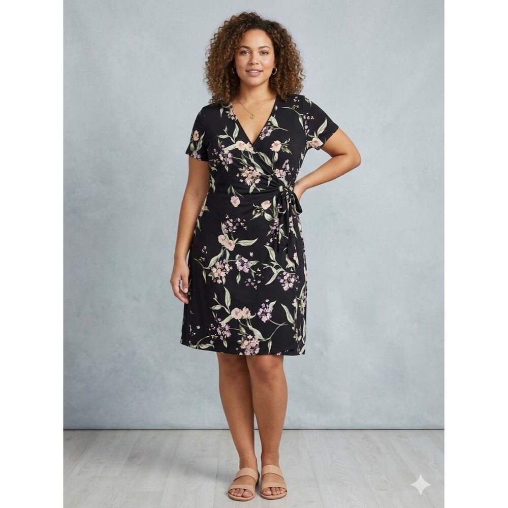 Nicole Miller Original Floral Faux Wrap Dress Black Lavender XL Knee Length